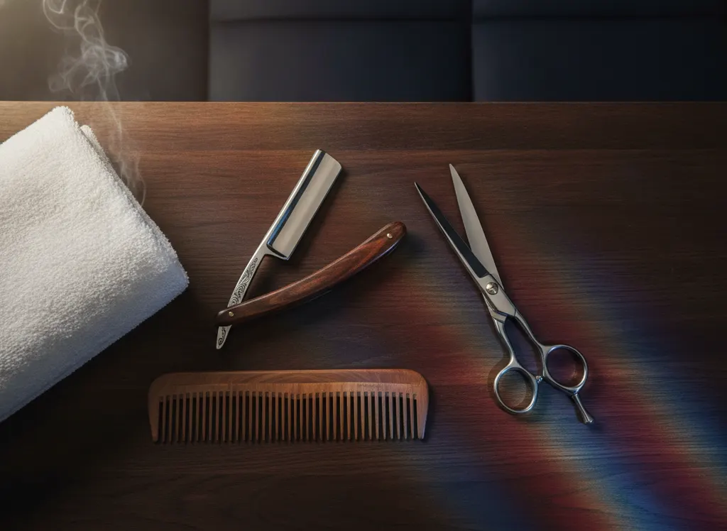 Classic barber tools: straight razor, scissors, comb and hot towel